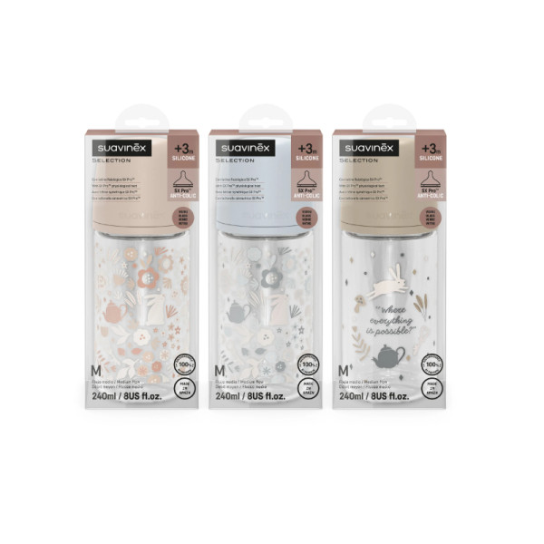 Suavinex Select Wonderland Biberão Tetina Silicone AntiCólica - Vidro -  Médio - 240ml - 3M+