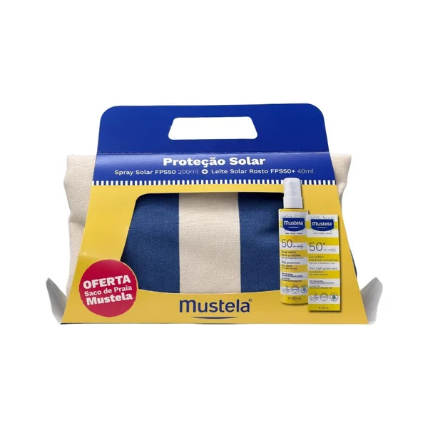 Mustela Solar Spray SPF50 200ml + Leite Rosto + Oferta saco praia Mustela Solar Spray SPF50 200ml + Leite Rosto + Oferta saco praia