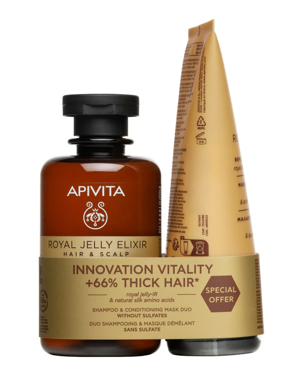 Apivita Royal Jelly Elixir Champô - 250 ml + Mascara Condicionadora Revitalizante Reparadora - 150ml Apivita Royal Jelly Elixir Champô - 250 ml + Mascara Condicionadora Revitalizante Reparadora - 150ml