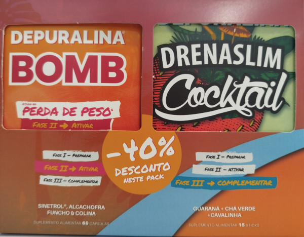 Depuralina Bomb (60 capsulas) + Drenaslim cocktail morango (15 sticks)